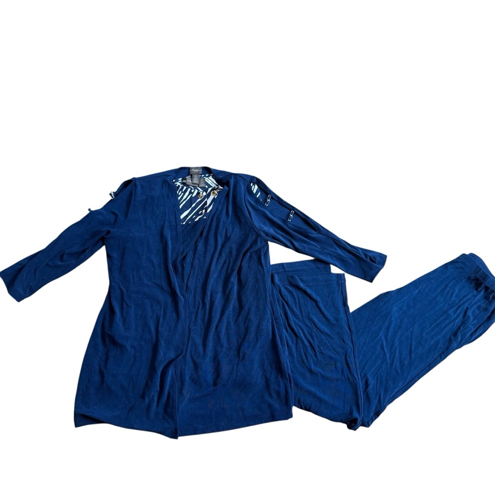 Chico's Travelers 3 Piece Pants Set Stretch Knit Blue Striped Size 0 (XS/4)